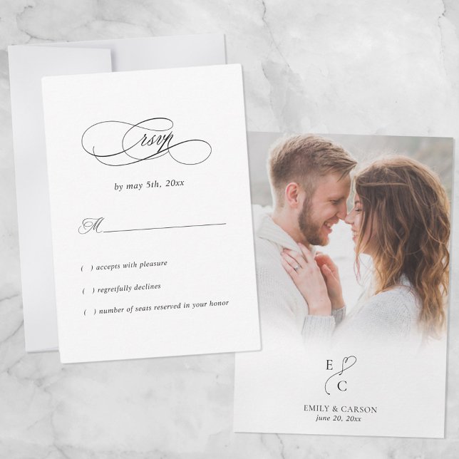 Elegant Photo Wedding Minimal Monogram Logo Black RSVP Card (Creator Uploaded)