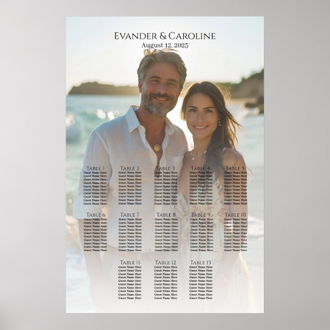 Elegant photo wedding seating chart 13 tables (Front)