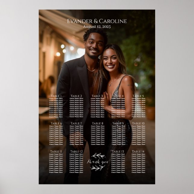 Elegant photo wedding seating chart 14 tables (Front)