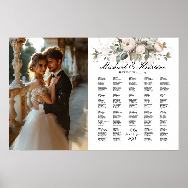 Elegant photo wedding seating chart, 19 tables poster (Front)