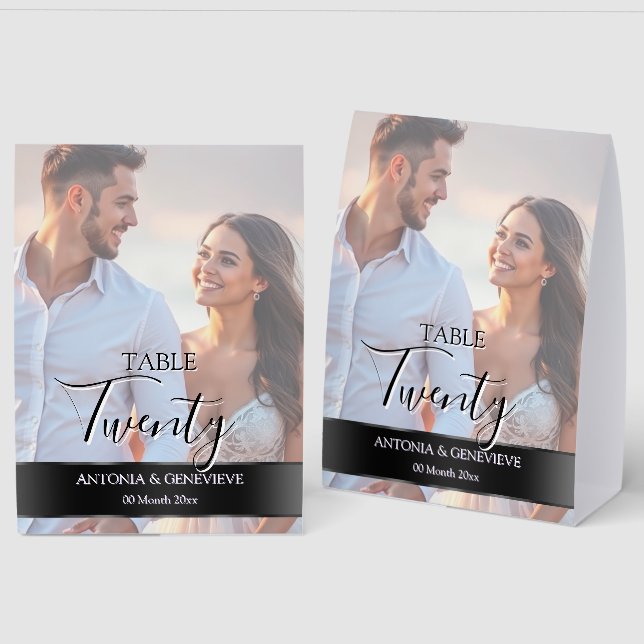 Elegant Photo Wedding Table Number Black band (Front/Back)