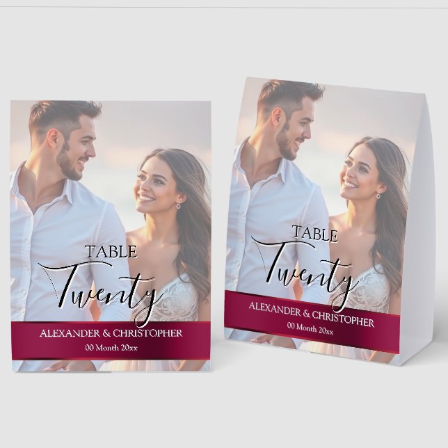 Elegant Photo Wedding Table Number Burgundy band (Front/Back)