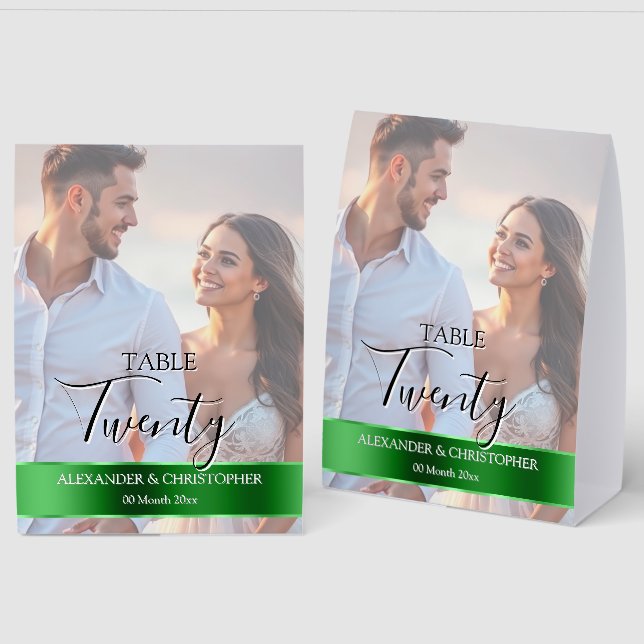 Elegant Photo Wedding Table Number Green band (Front/Back)