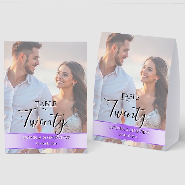 Elegant Photo Wedding Table Number Lilac purple (Front/Back)