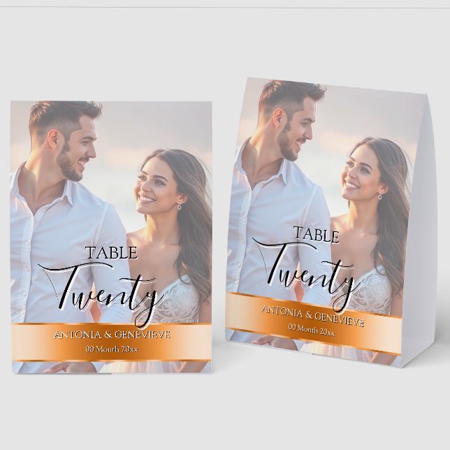 Elegant Photo Wedding Table Number Orange band (Front/Back)