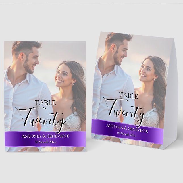 Elegant Photo Wedding Table Number Purple band (Front/Back)