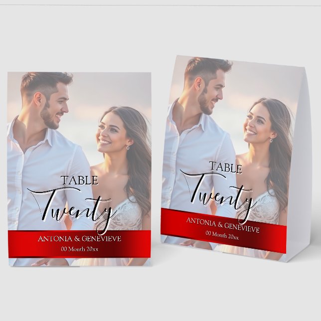 Elegant Photo Wedding Table Number Red band (Front/Back)