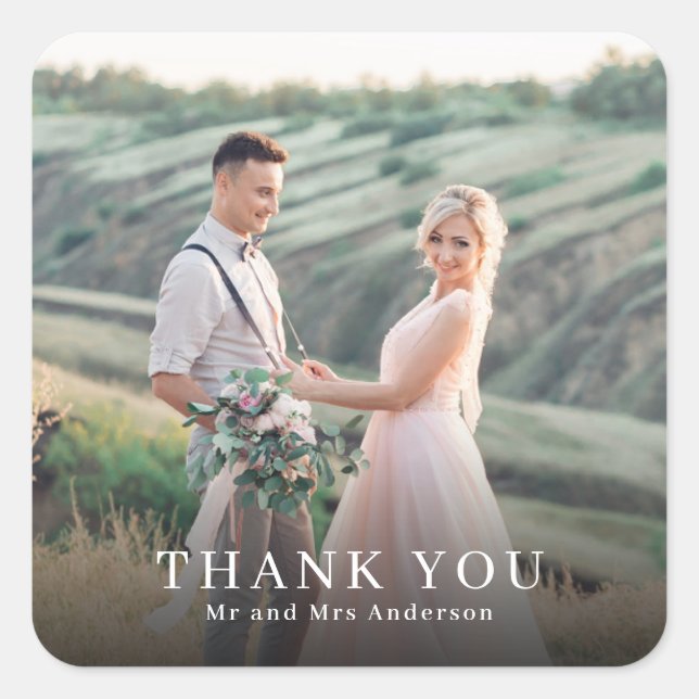 Elegant Photo Wedding Thank You Favour Square Sticker (Front)