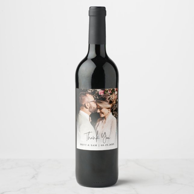 Elegant Photo Wedding Thank You Script Wine Wine Label (Front)