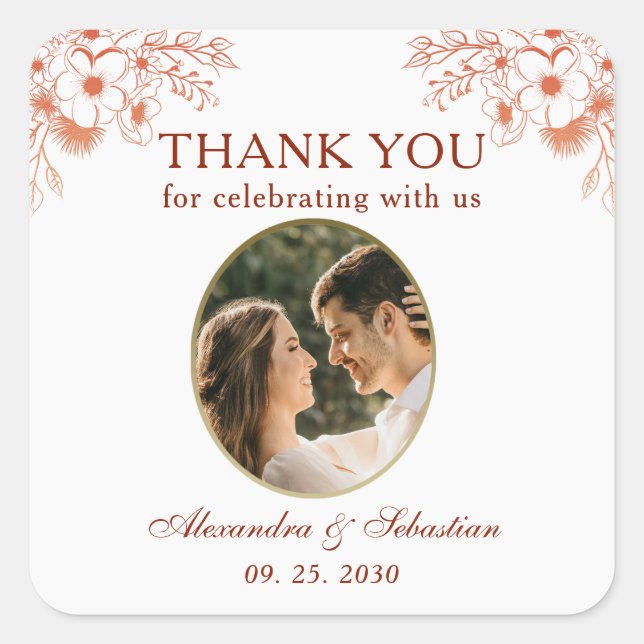 Elegant Photo Wedding Thank You Square Sticker (Front)