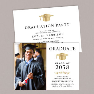 Elegant Photo White Gold College Graduation Party Invitation