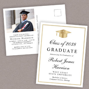 Elegant Photo White Gold Graduation Party Invitation Postcard