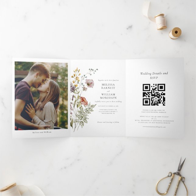 Elegant Photo Wildflower Boho Wedding Tri-Fold Invitation (Inside)