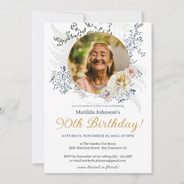 Elegant Photo Yellow Floral 90th Birthday  Invitation (Front)