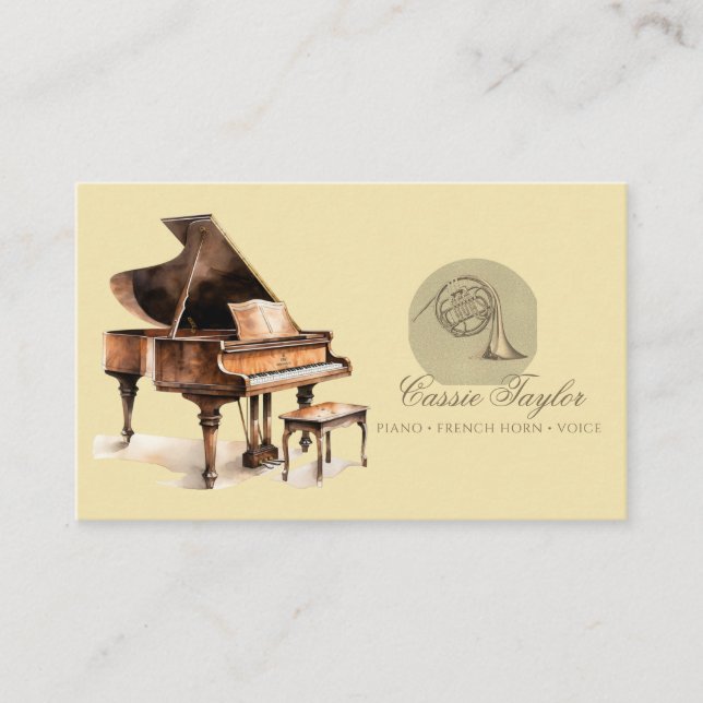 Elegant Piano French Horn Musician Music Teacher  Business Card (Front)