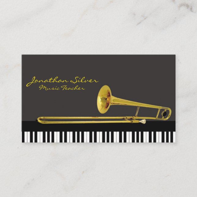 Elegant Piano Keys & Trombone Music Business Card (Front)