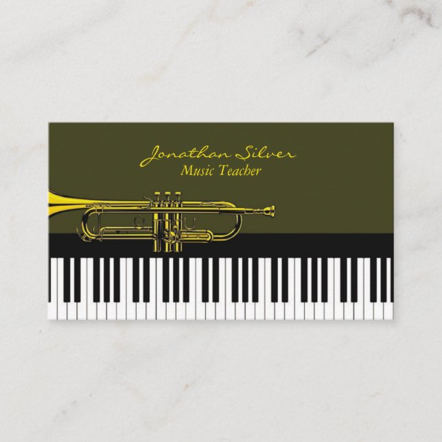 Elegant Piano Keys & Trumpet Music Teacher Business Card (Front)