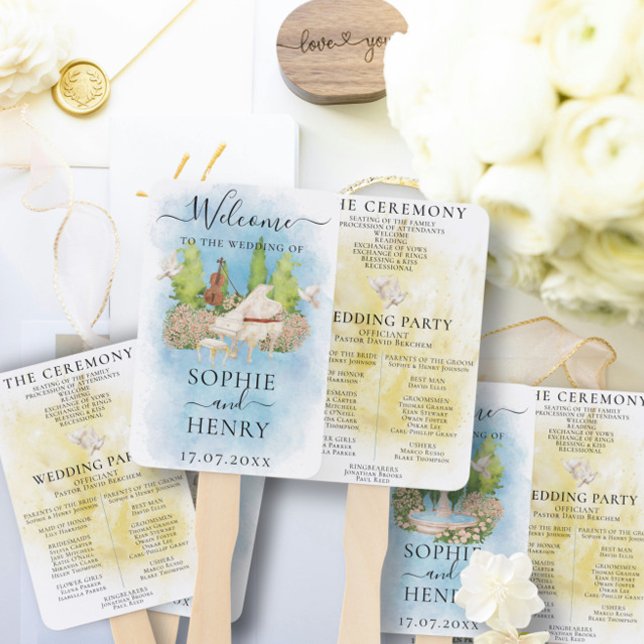 Elegant Piano | Violin Wedding doves Program Hand Fan (Creator Uploaded)