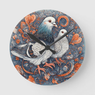 Elegant Pigeon Pair Amidst Intricate Floral Art Round Clock