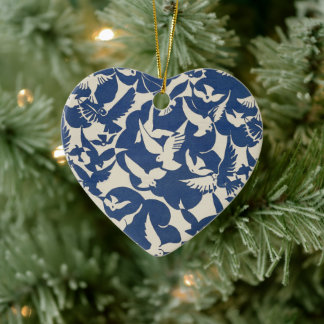 Elegant Pigeons in White and Blue Ceramic Tree Decoration