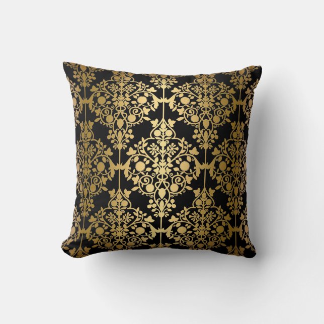 Elegant Pillow Black Gold Damask Floral (Front)