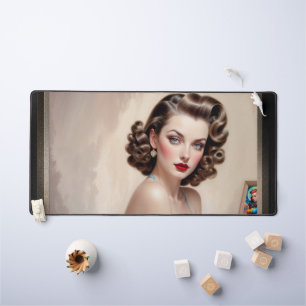 Elegant Pin-Up Girl Beauty In Satin Blue Attire Desk Mat