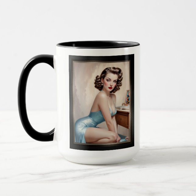Elegant Pin-Up Girl Beauty In Satin Blue Attire Mug (Left)