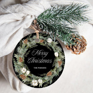 Elegant Pine and Greenery Black Merry Christmas Favour Tags