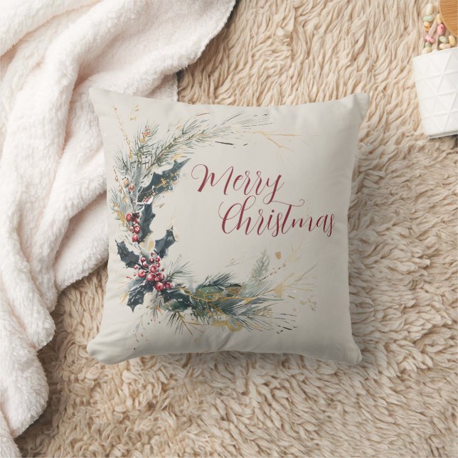 Elegant Pine and Holly Wreath with Gold Accents Cushion (Blanket)