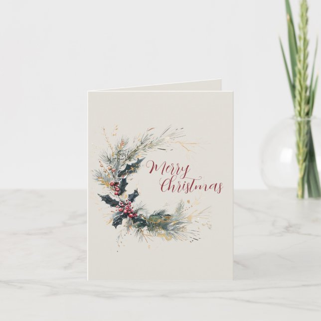 Elegant Pine and Holly Wreath with Gold Accents Holiday Card (Front)