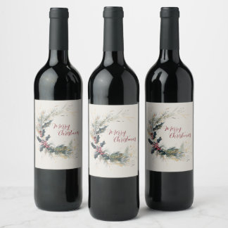 Elegant Pine and Holly Wreath with Gold Accents Wine Label