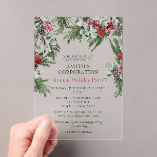 Elegant Pine Berries Corporate Holiday Party Acrylic Invitations