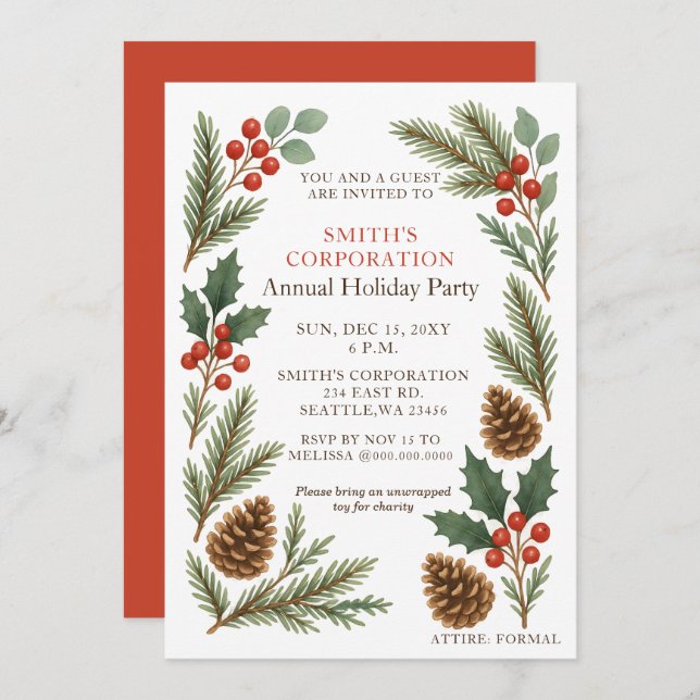Elegant Pine Berries Corporate Holiday Party  Invitation (Front/Back)