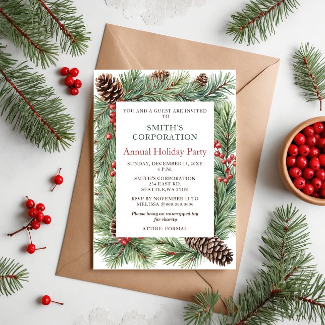 Elegant Pine Berries Corporate Holiday Party  Invitation (Elegant Pine Berries Corporate Holiday Party Invitation)