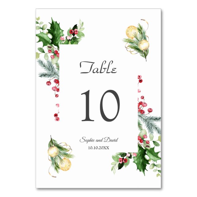 Elegant Pine Berry Christmas Balls Wedding  Table Number (Front)
