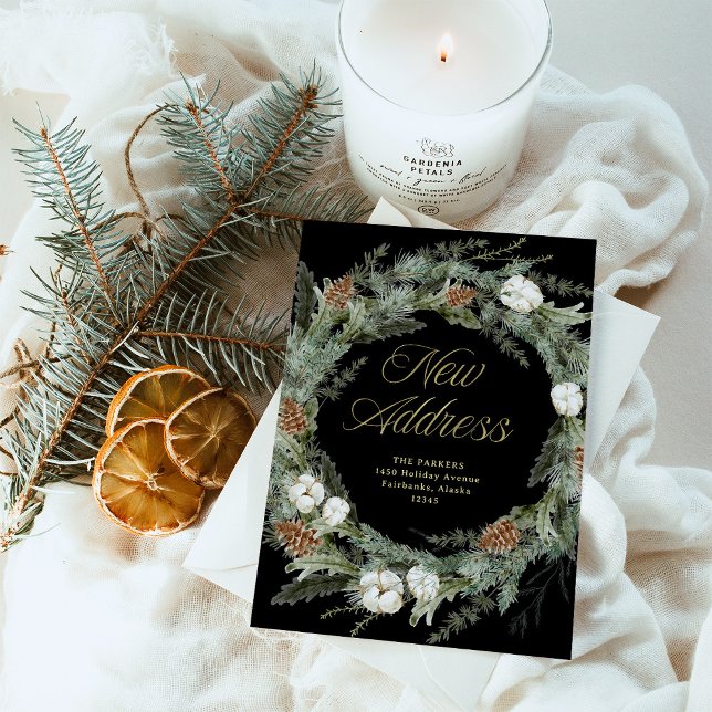 Elegant Pine Black and Gold Christmas New Address Holiday Card (An elegant, dark black holiday moving announcement with a traditional Christmas wreath and gold text)