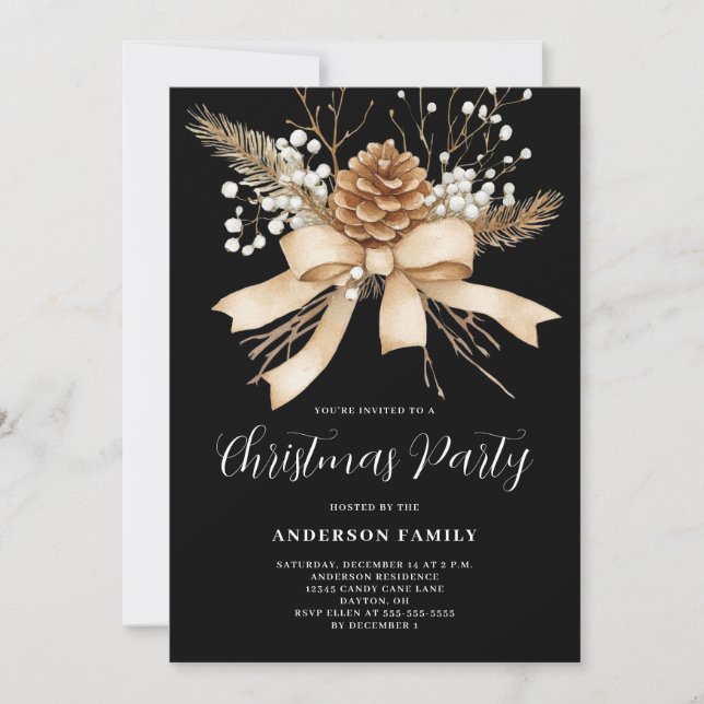 Elegant Pine Bow Christmas Holiday Party Invitation (Front)