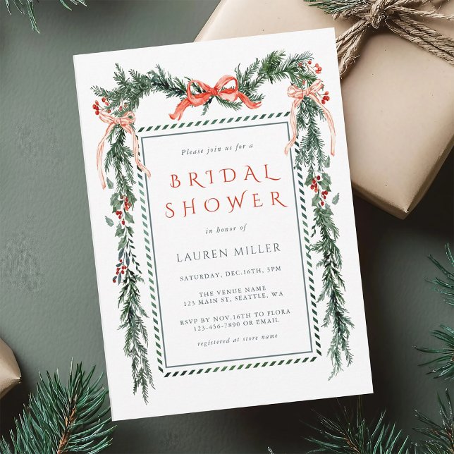 Elegant Pine Branch Frame Christmas Bridal Shower Invitation (Creator Uploaded)
