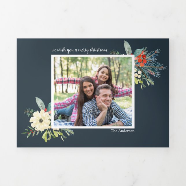 Elegant Pine branches elegant 3 photos Christmas Tri-Fold Holiday Card (Cover)