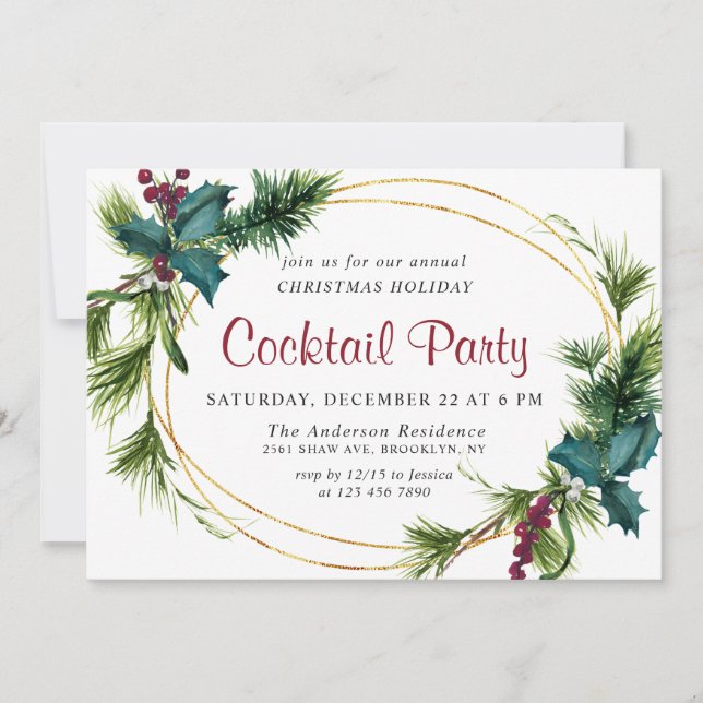 Elegant Pine Christmas Holiday Cocktail Party Invitation (Front)