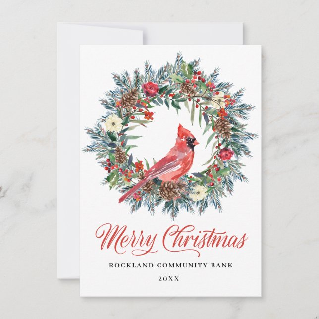 Elegant Pine Christmas Wreath Cardinal Corporate  Holiday Card (Front)