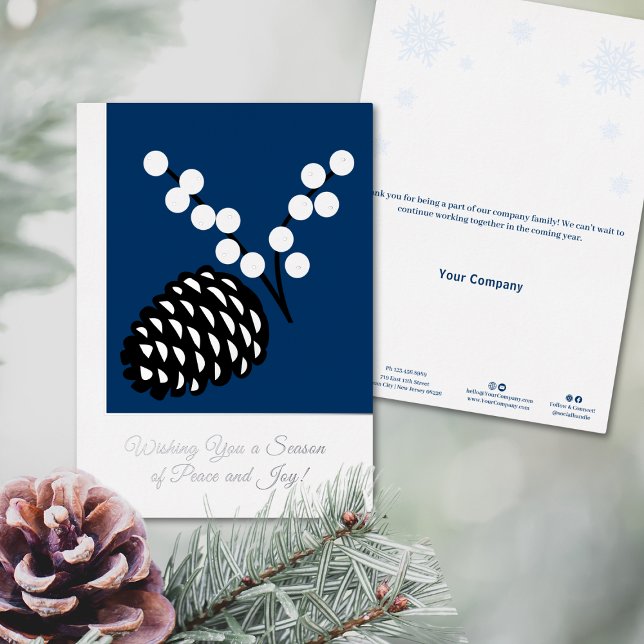 Elegant Pine Cone Foil Business Holiday Card (Elegant Pine Cone Foil Business Holiday Card, Black, White and Blue)