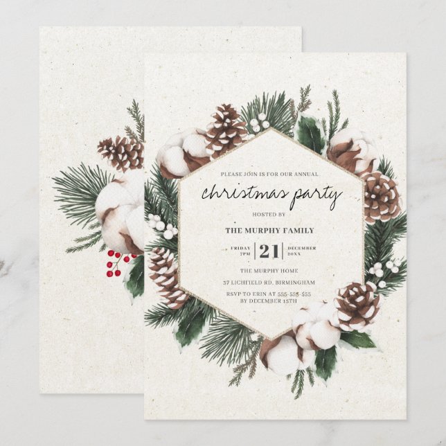 Elegant Pine & Cotton Holiday Party Invitation (Front/Back)