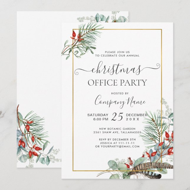 Elegant Pine Eucalyptus Christmas Office Party Invitation (Front/Back)