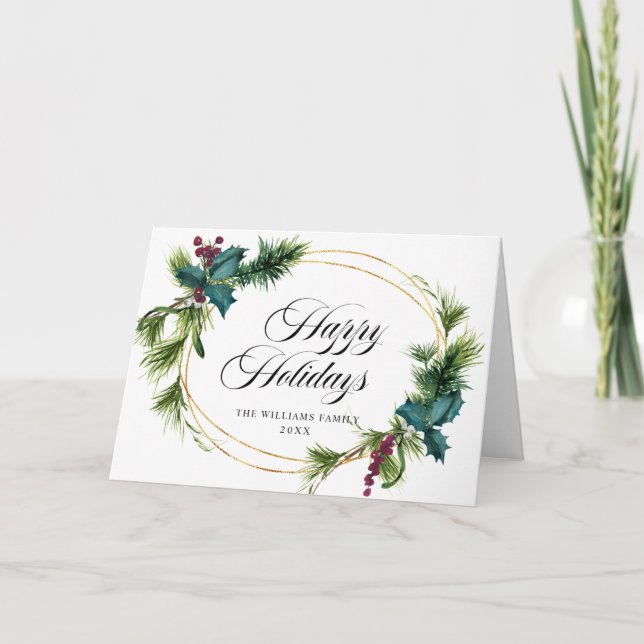 Elegant Pine Fir Holly Berry Christmas Greeting Holiday Card (Front)