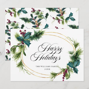 Elegant Pine Fir Holly Berry Christmas Greeting Holiday Card