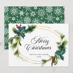 Elegant Pine Fir Holly Berry Christmas Greeting Holiday Card