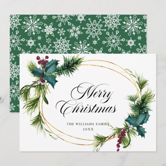 Elegant Pine Fir Holly Berry Christmas Greeting Holiday Card (Front/Back)