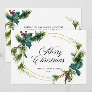 Elegant Pine Fir Holly Berry Christmas Greeting Holiday Card