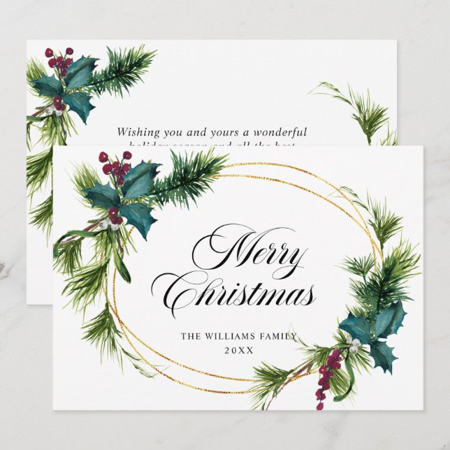 Elegant Pine Fir Holly Berry Christmas Greeting Holiday Card (Front/Back)